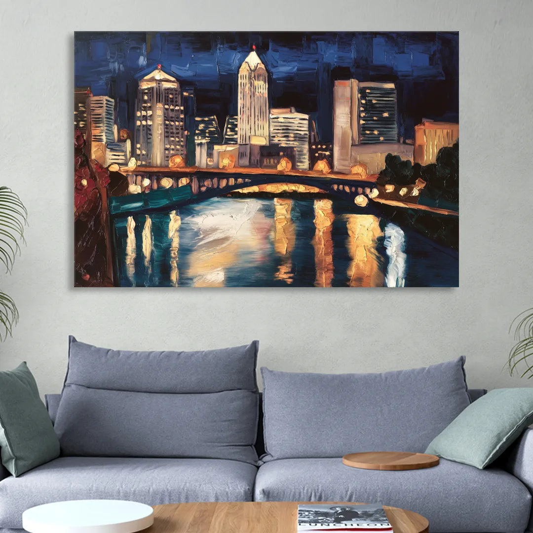 Columbus Nighttime Skyline Sitting Room - Canvas Wall Art