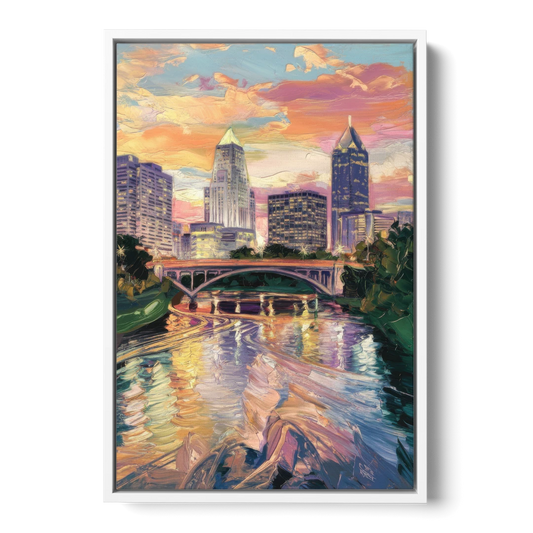 Columbus Scioto River View - White Framed Canvas Wall Art - Front