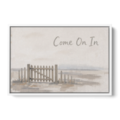 Come On In Garden Gate on a Cream Field - White Framed Canvas Wall Art - Front