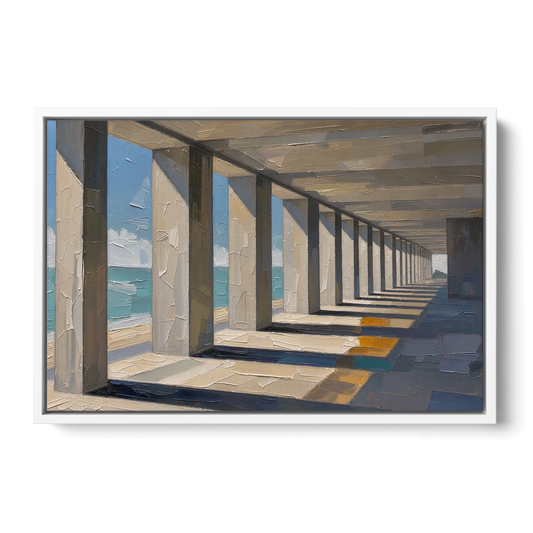 Conference Room Wall Art of a Seaside Colonnade - White Framed Canvas Wall Art - Front