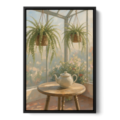 Conservatory Painting with Teapot and Hanging Ferns - Black Framed Canvas Wall Art - Front