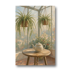 Conservatory Painting with Teapot and Hanging Ferns - Canvas Wall Art - Front