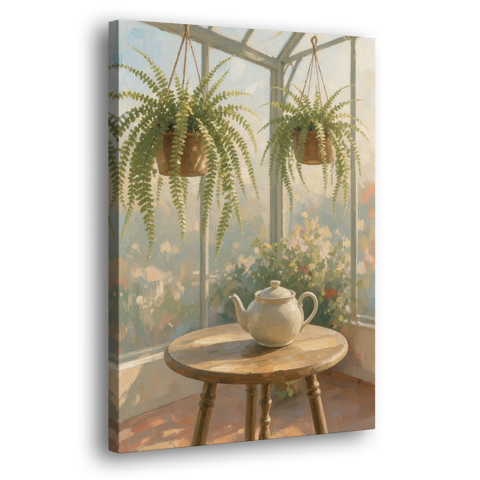 Conservatory Painting with Teapot and Hanging Ferns - Canvas Wall Art - Side
