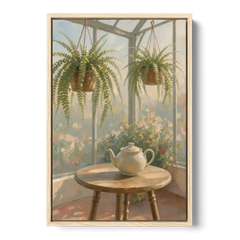 Conservatory Painting with Teapot and Hanging Ferns - Oak Framed Canvas Wall Art - Front