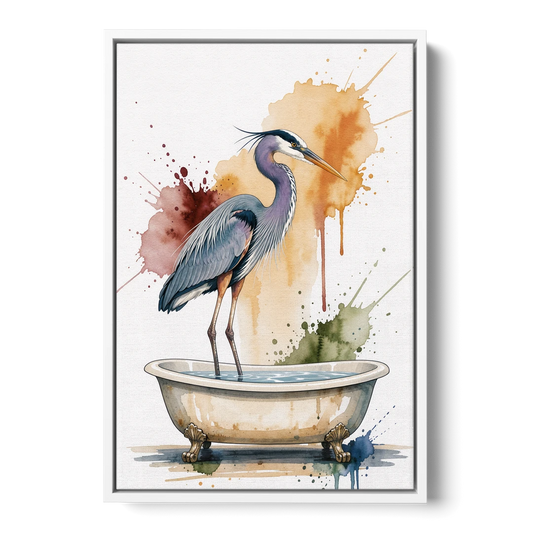 Contemporary Bathroom Art of a Heron Fishing the Tub - White Framed Canvas Wall Art - Front