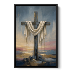 Contemporary Christian Art of the Draped Cross at Dawn - Black Framed Canvas Wall Art - Front