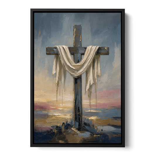 Contemporary Christian Art of the Draped Cross at Dawn - Black Framed Canvas Wall Art - Front