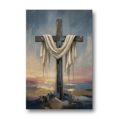 Contemporary Christian Art of the Draped Cross at Dawn - Canvas Wall Art - Front