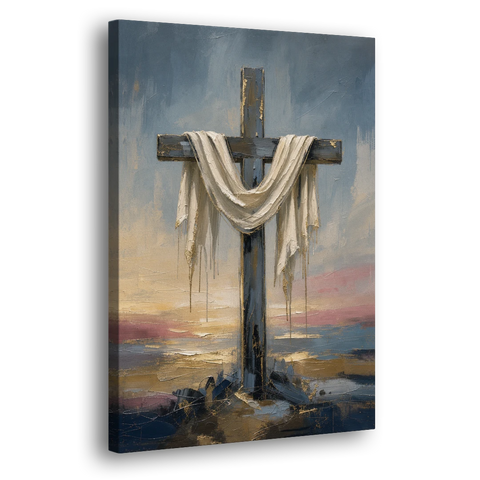 Contemporary Christian Art of the Draped Cross at Dawn - Canvas Wall Art - Side
