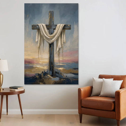 Contemporary Christian Art of the Draped Cross at Dawn - Canvas Wall Art - Sofa - 40x60