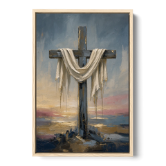 Contemporary Christian Art of the Draped Cross at Dawn - Oak Framed Canvas Wall Art - Front