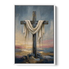 Contemporary Christian Art of the Draped Cross at Dawn - White Framed Canvas Wall Art - Front