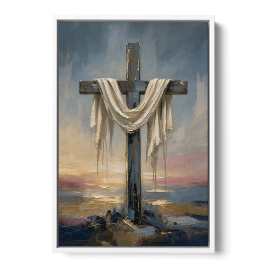 Contemporary Christian Art of the Draped Cross at Dawn - White Framed Canvas Wall Art - Front
