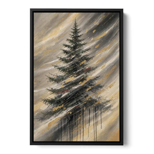 Contemporary Christmas Winter Tree in a Gold Blizzard - Black Framed Canvas Wall Art - Front