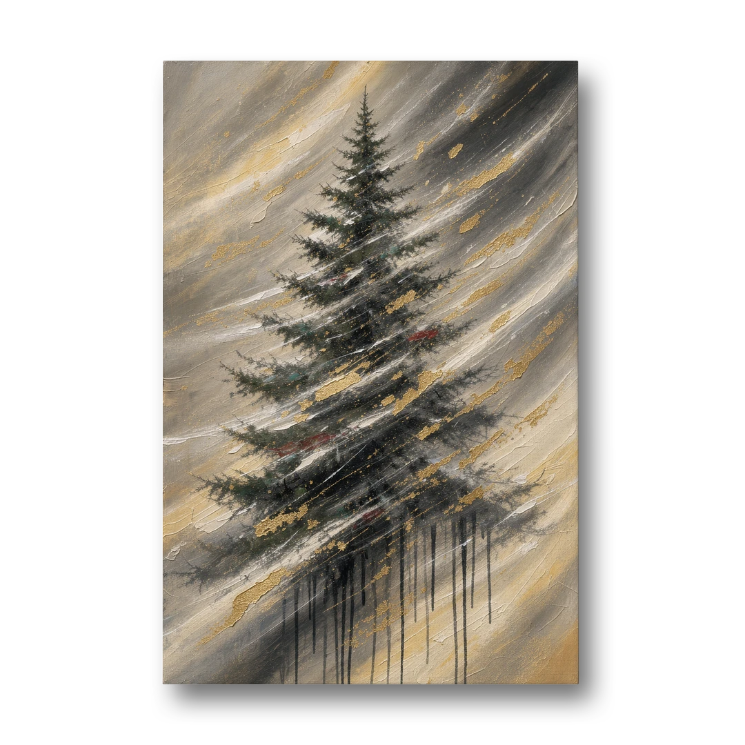 Contemporary Christmas Winter Tree in a Gold Blizzard - Canvas Wall Art - Front