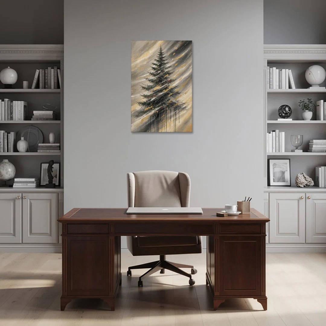 Contemporary Christmas Winter Tree in a Gold Blizzard - Canvas Wall Art - Office - 24x36