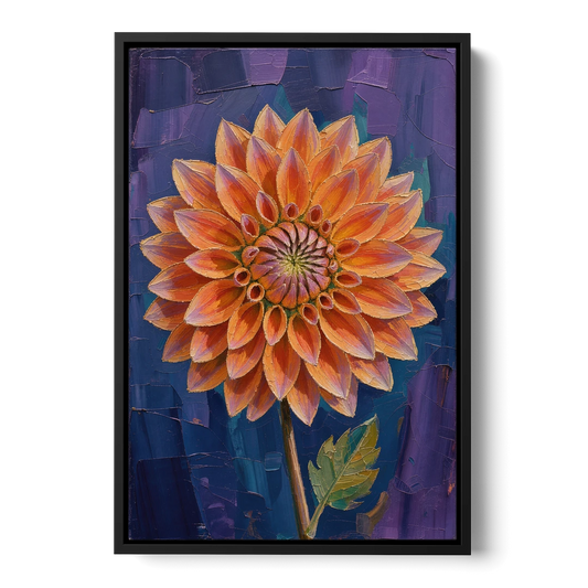 Contemporary Coral Dinnerplate Dahlia at Night - Black Framed Canvas Wall Art - Front