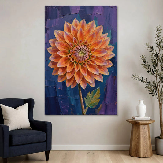 Contemporary Coral Dinnerplate Dahlia at Night - Canvas Wall Art - Sofa - 40x60