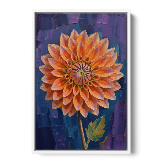 Contemporary Coral Dinnerplate Dahlia at Night - White Framed Canvas Wall Art - Front