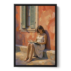 Contemporary Figurative Painting of a Sunlit Reader - Black Framed Canvas Wall Art - Front