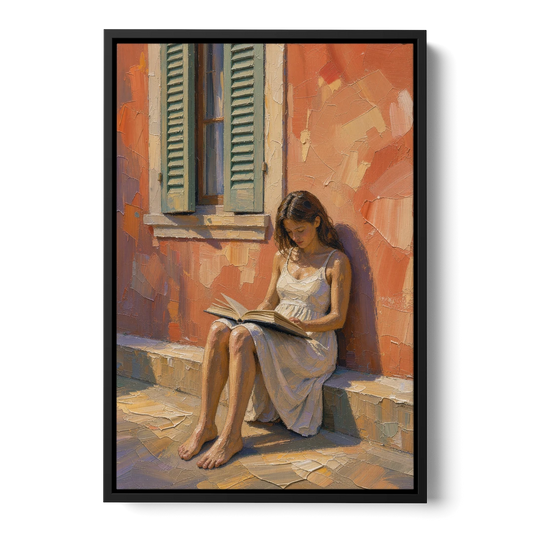Contemporary Figurative Painting of a Sunlit Reader - Black Framed Canvas Wall Art - Front