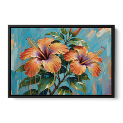 Contemporary Floral Painting of Coral Hibiscus - Black Framed Canvas Wall Art - Front