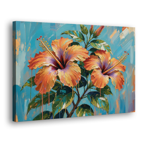 Contemporary Floral Painting of Coral Hibiscus - Canvas Wall Art - Side