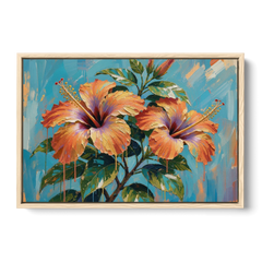Contemporary Floral Painting of Coral Hibiscus - Oak Framed Canvas Wall Art - Front