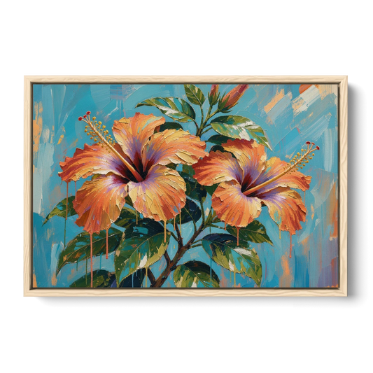 Contemporary Floral Painting of Coral Hibiscus - Oak Framed Canvas Wall Art - Front