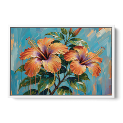 Contemporary Floral Painting of Coral Hibiscus - White Framed Canvas Wall Art - Front