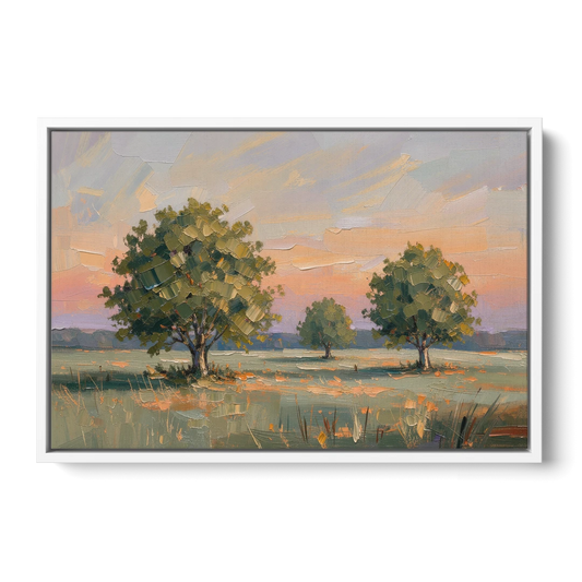 Contemporary Landscape Painting of Three Trees at Dusk - White Framed Canvas Wall Art - Front