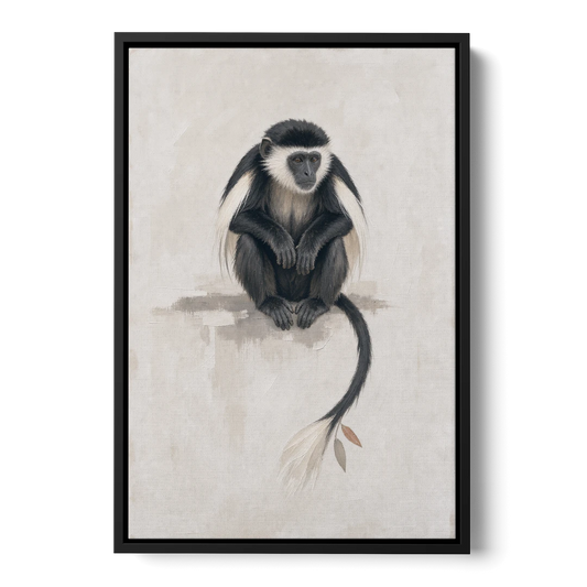 Contemporary Nursery Wall Art with a Colobus Monkey - Black Framed Canvas Wall Art - Front