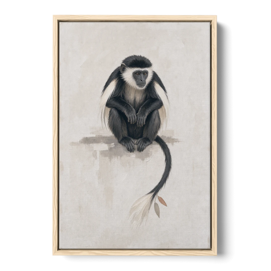 Contemporary Nursery Wall Art with a Colobus Monkey - Oak Framed Canvas Wall Art - Front