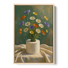 Contemporary Still Life Painting of Wildflowers in a Roll - Oak Framed Canvas Wall Art - Front