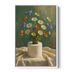 Contemporary Still Life Painting of Wildflowers in a Roll - White Framed Canvas Wall Art - Front