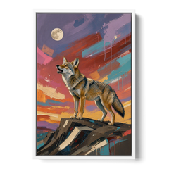 Contemporary Western Art Coyote Howling at the Moon - White Framed Canvas Wall Art - Front