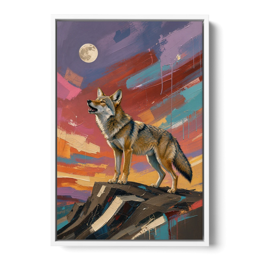 Contemporary Western Art Coyote Howling at the Moon - White Framed Canvas Wall Art - Front