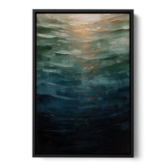 Copper Light Sinking Through Green Water for a Masculine Bedroom - Black Framed Canvas Wall Art - Front