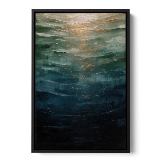 Copper Light Sinking Through Green Water for a Masculine Bedroom - Black Framed Canvas Wall Art - Front