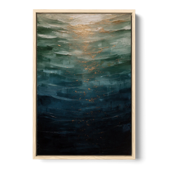 Copper Light Sinking Through Green Water for a Masculine Bedroom - Oak Framed Canvas Wall Art - Front