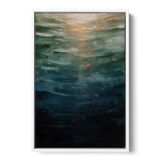 Copper Light Sinking Through Green Water for a Masculine Bedroom - White Framed Canvas Wall Art - Front