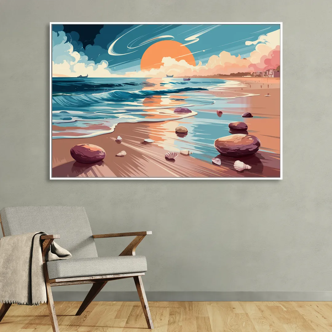 Corpus Christi Beach Sunset Living Room - White Canvas Wall Art