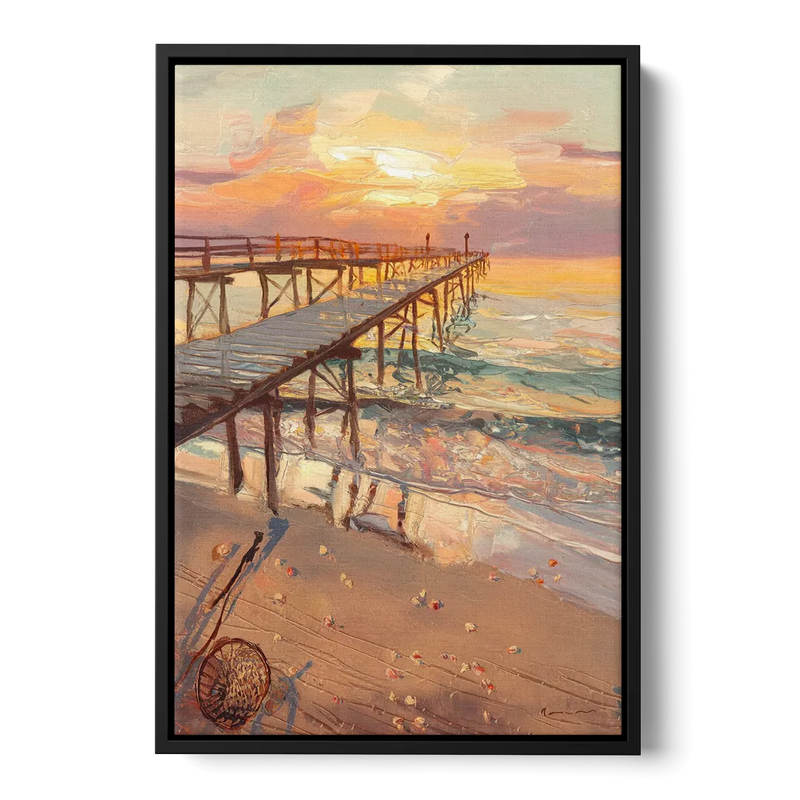 Corpus Christi Fishing Pier Front - Black Canvas Wall Art