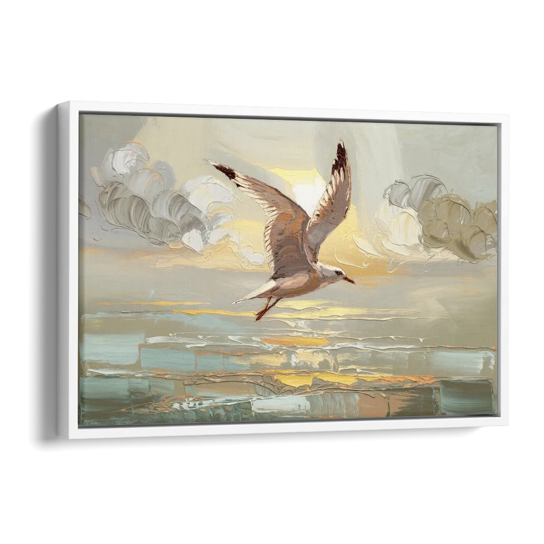 Corpus Christi Seagulls In Flight Side - White Canvas Wall Art