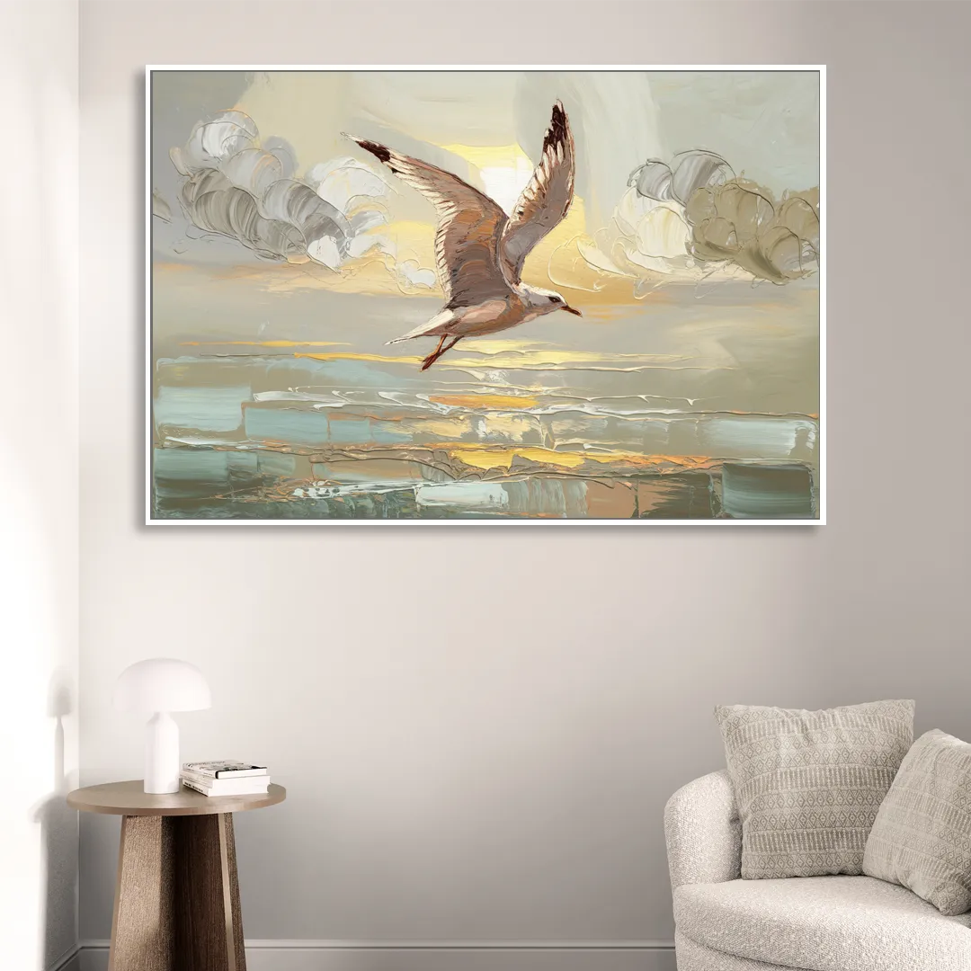 Corpus Christi Seagulls In Flight Sitting Room - White Canvas Wall Art