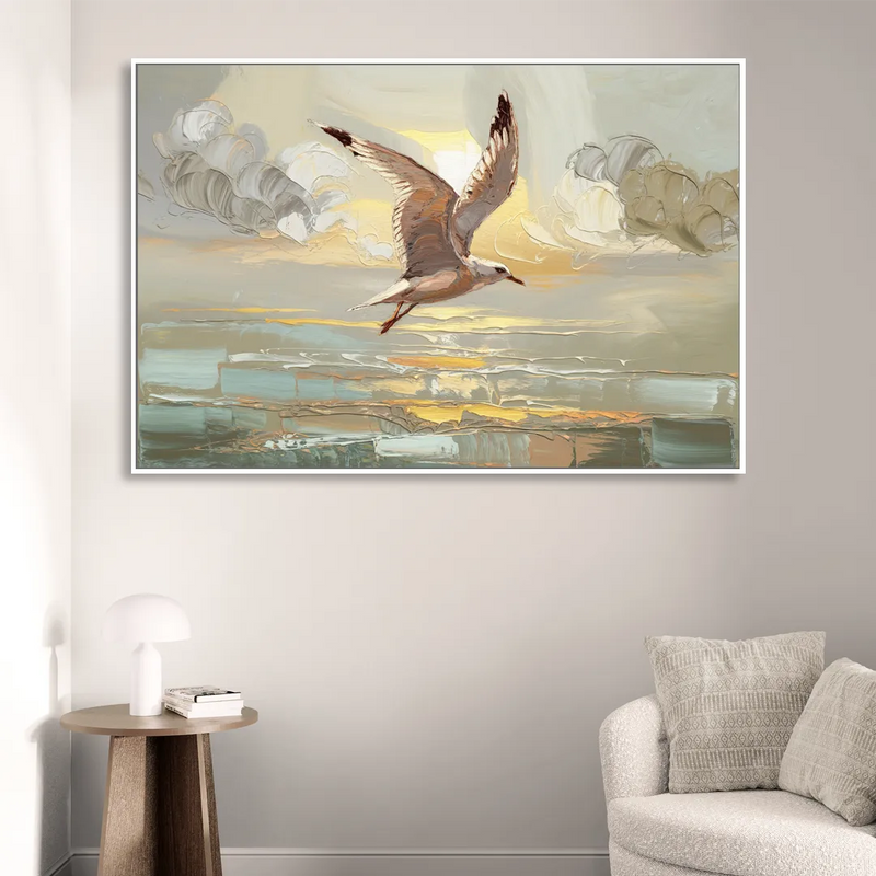 Corpus Christi Seagulls In Flight Sitting Room - White Canvas Wall Art