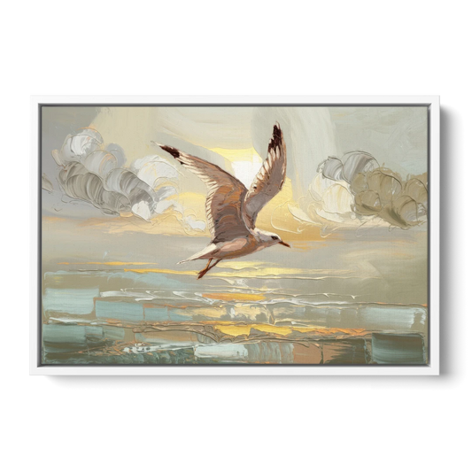 Corpus Christi Seagulls In Flight - White Framed Canvas Wall Art - Front