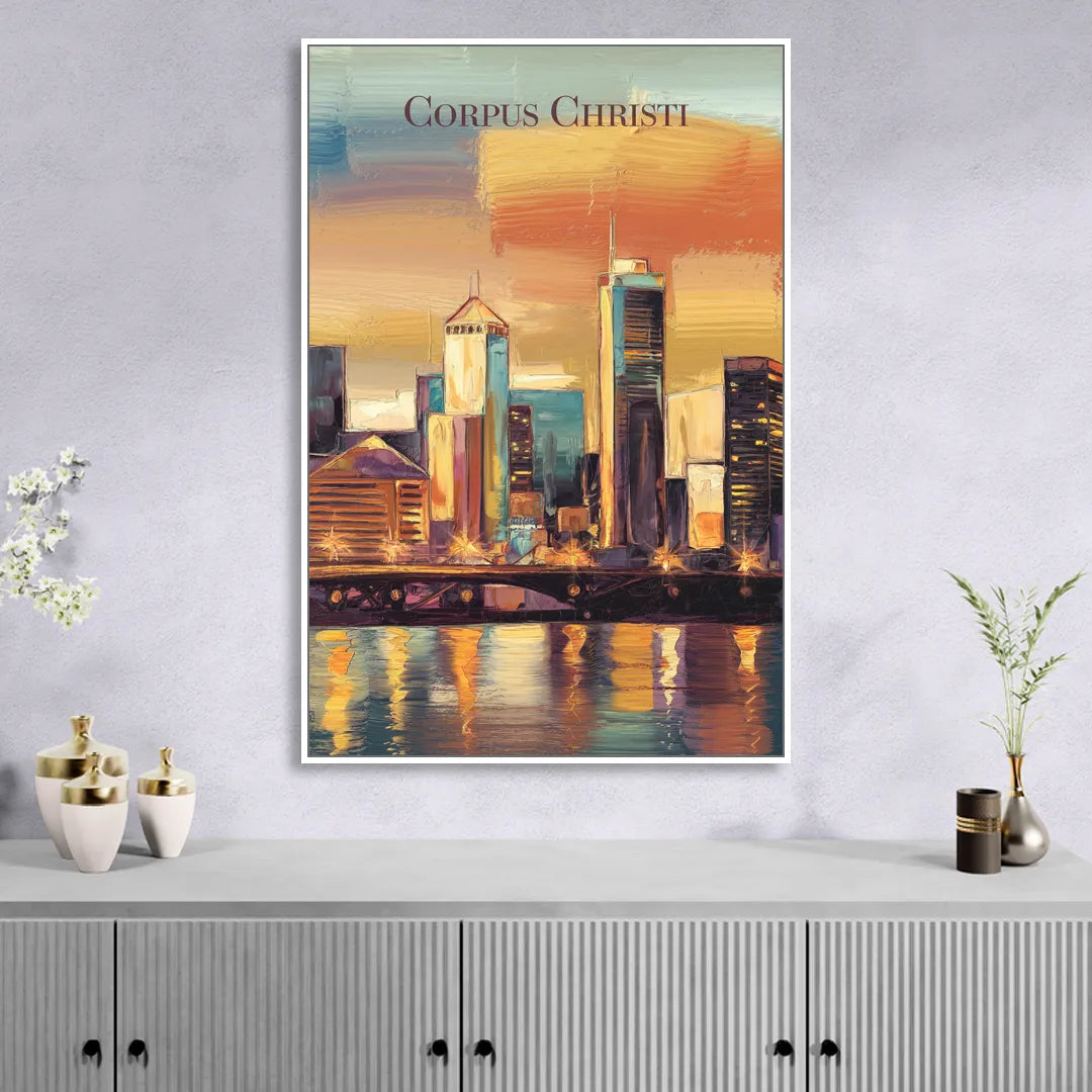 Corpus Christi Skyline View Living Room - White Canvas Wall Art