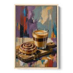 Cortado and Cinnamon Roll for the Coffee Bar - Oak Framed Canvas Wall Art - Front