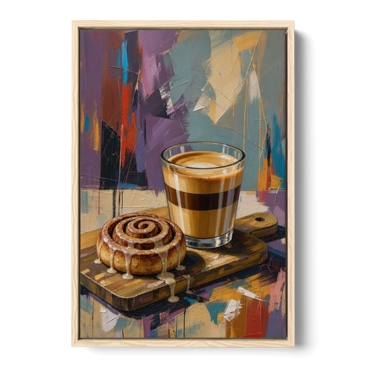 Cortado and Cinnamon Roll for the Coffee Bar - Oak Framed Canvas Wall Art - Front